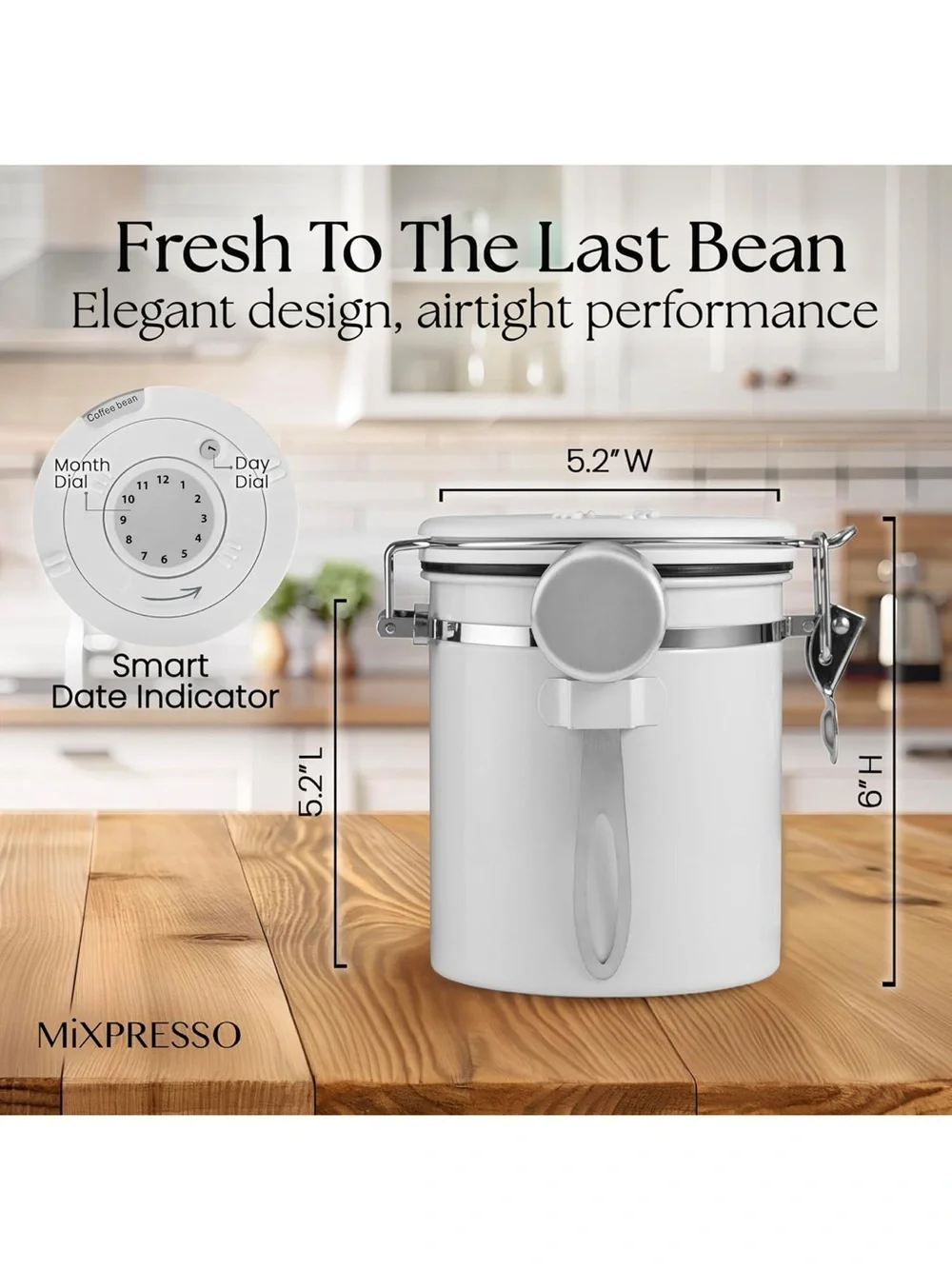 White Airtight Coffee Canister with Stainless Clamp and Scoop
